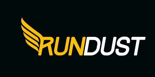 Rundust Logo featuring a wing on the letter R forming the word RUN in yellow and the word DUST in white